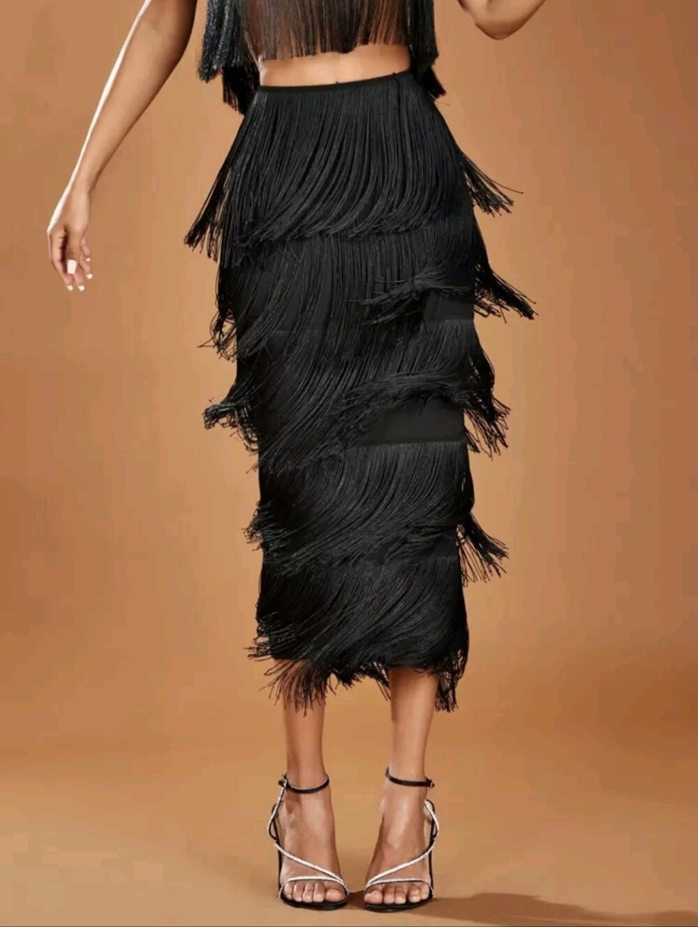 High Waist Fringe Trim Skirt,Ladies Party Fringe,Tiered Layer,Zipper Long Skinny